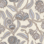 Wallpaper in a decorative floral pattern with blue flowers and leaves on a beige background