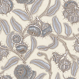 Wallpaper in a decorative floral pattern with blue flowers and leaves on a beige background