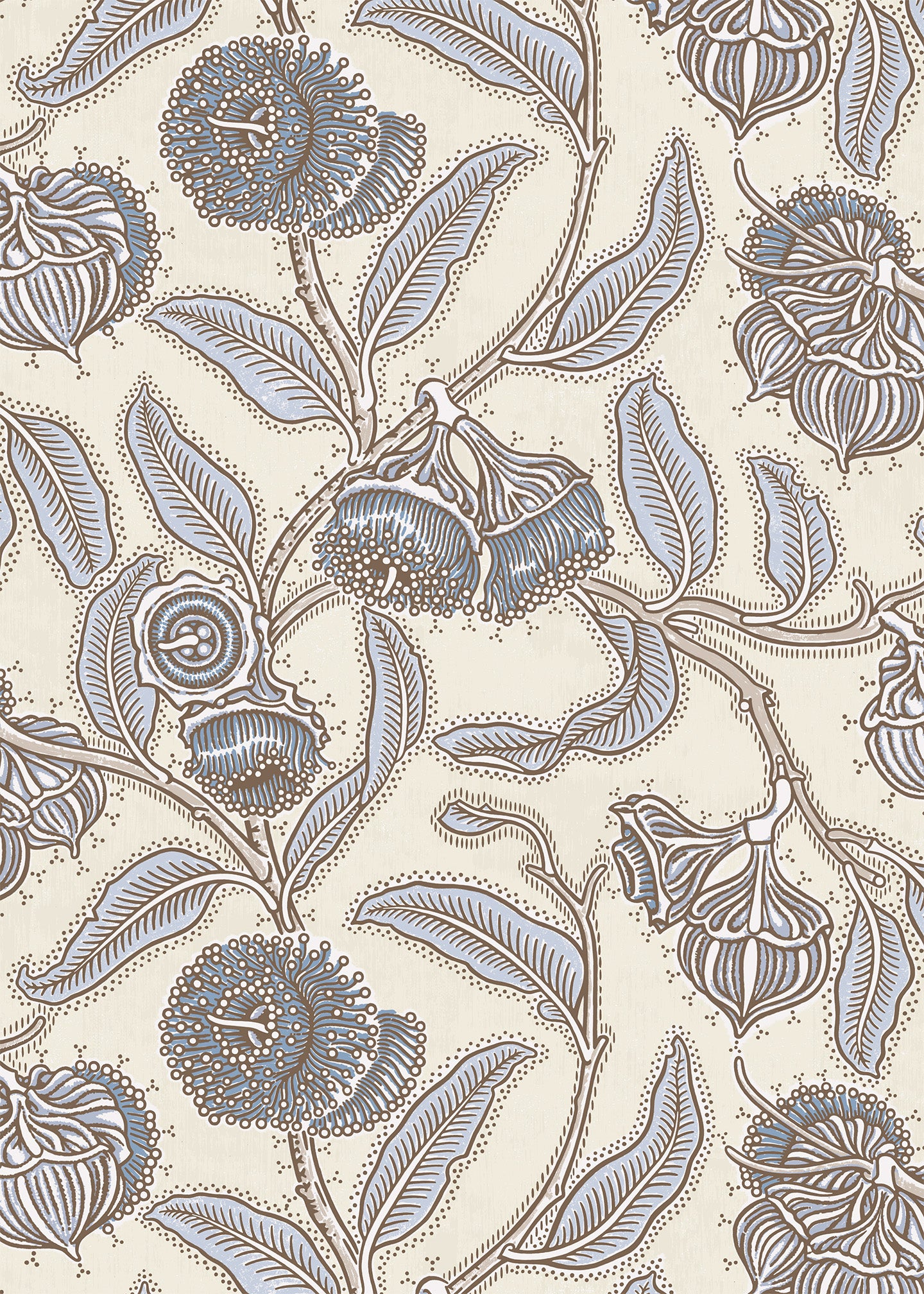 Wallpaper in a decorative floral pattern with blue flowers and leaves on a beige background
