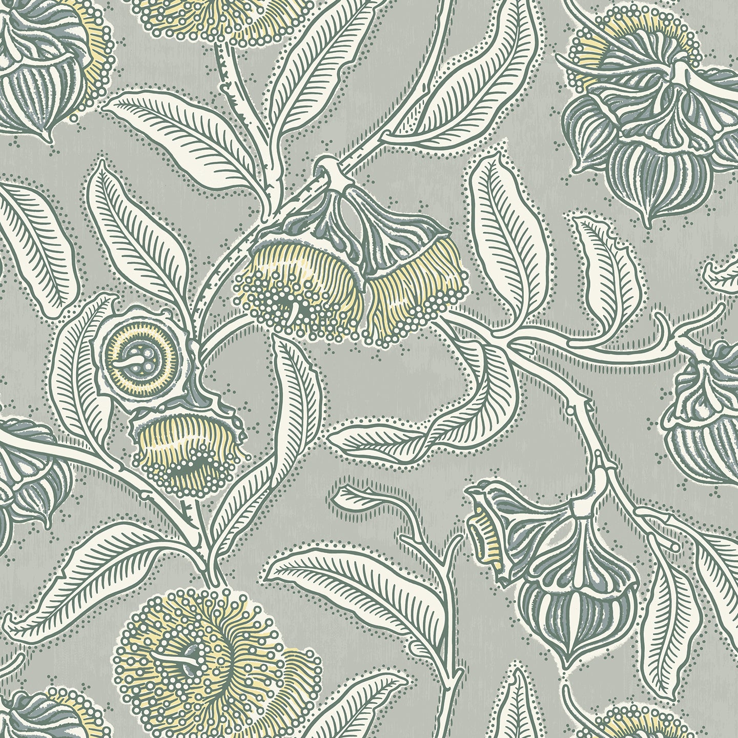 Floral pattern with green and beige flowers on a gray background