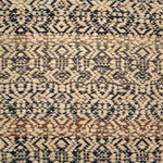 Handwoven rug detail in a contemporary design in black, grey, tan and cream