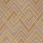 Detail of wallpaper in an interlocking zig zag print in shades of gold, brown and cream.