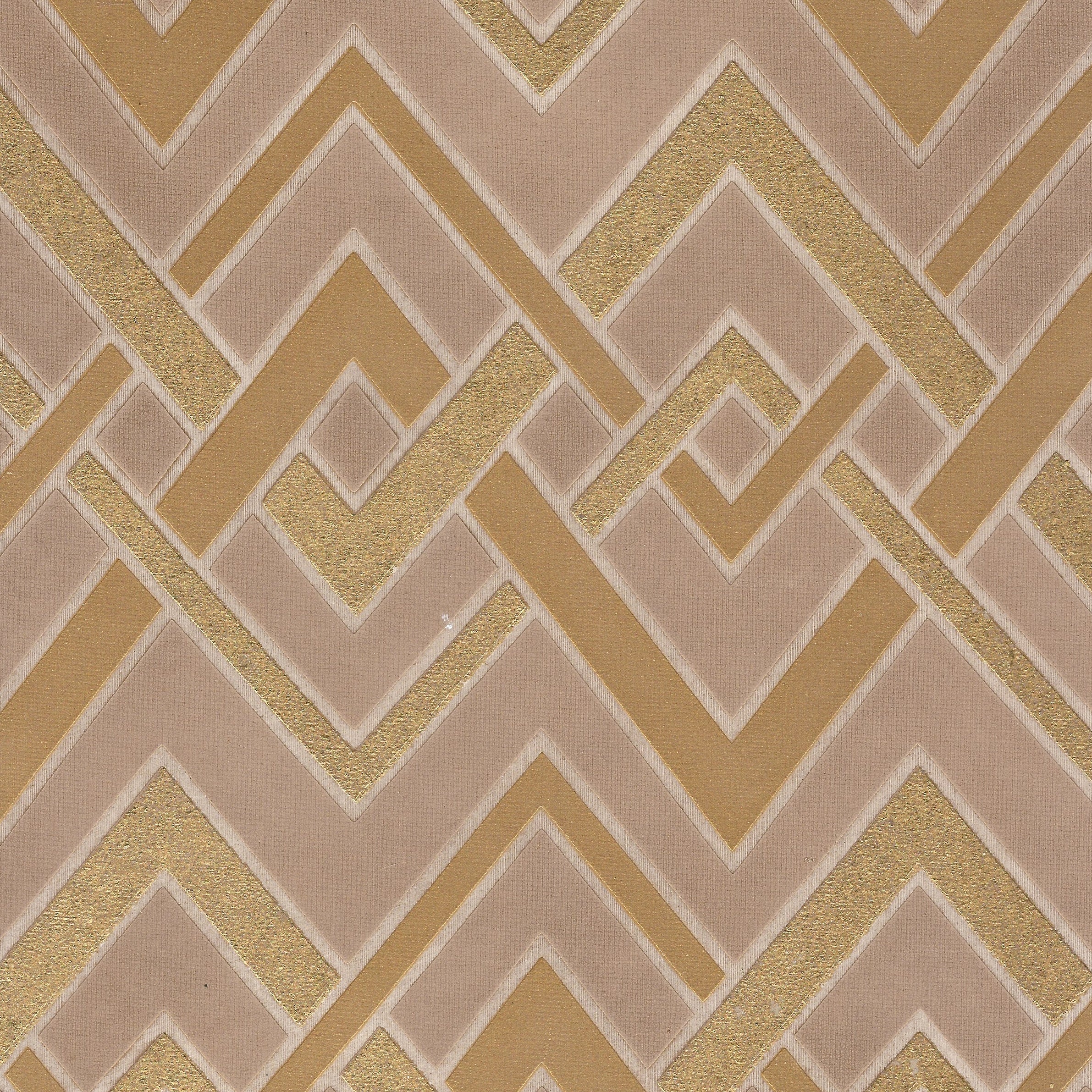 Detail of wallpaper in an interlocking zig zag print in shades of gold, brown and cream.