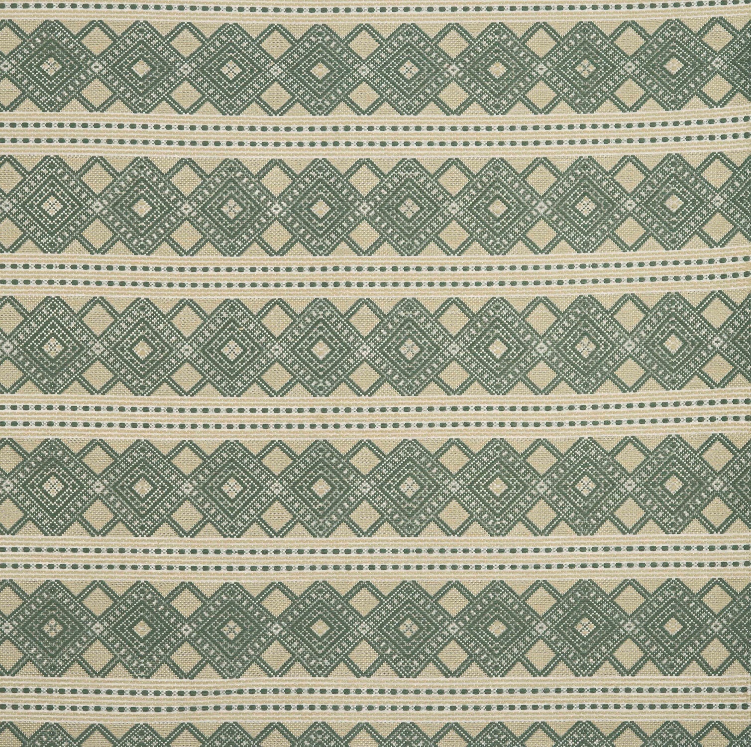 Patterned fabric with green and beige geometric design