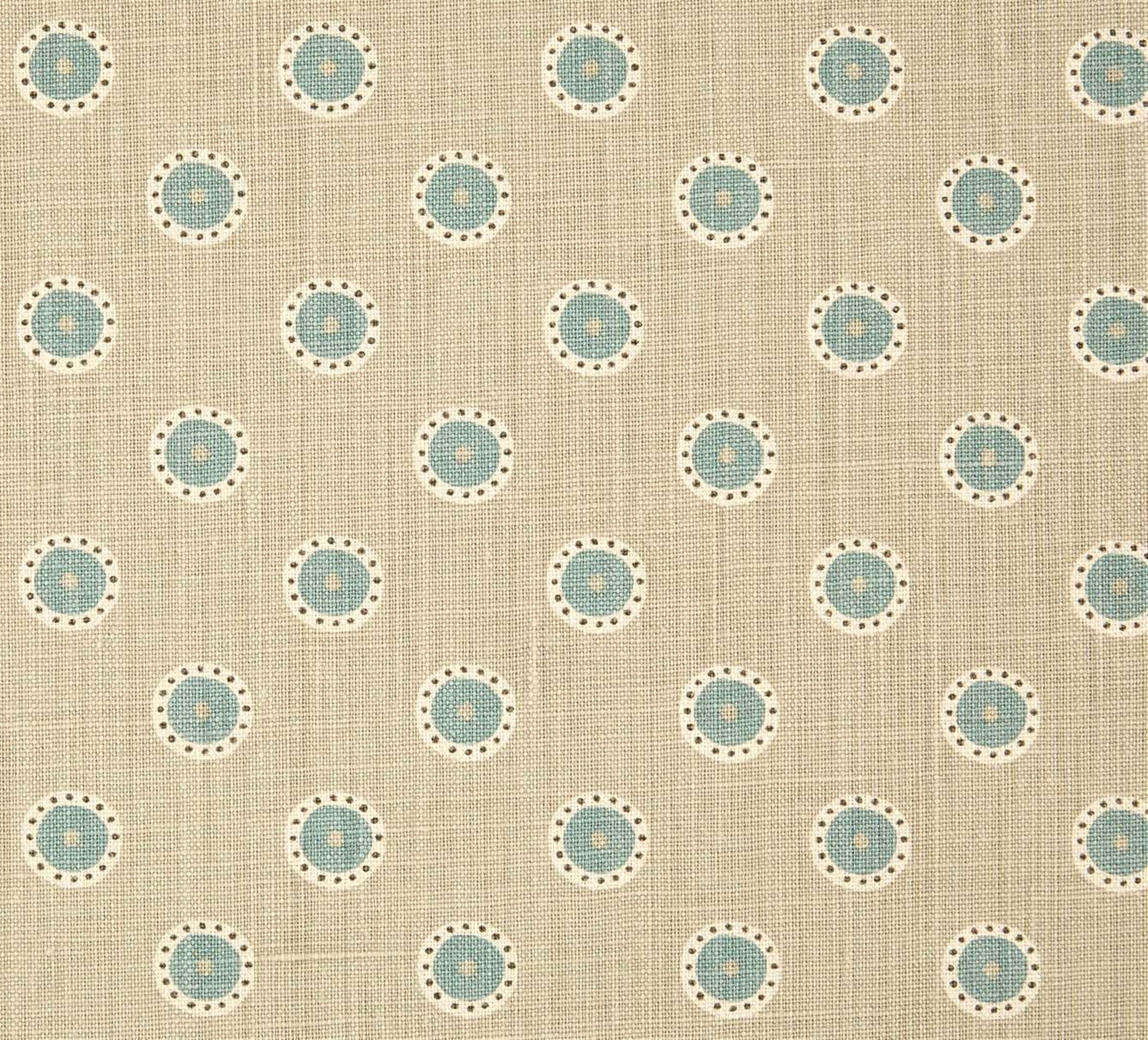 Detail of fabric in a playful dot print in blue and white on a brown field.