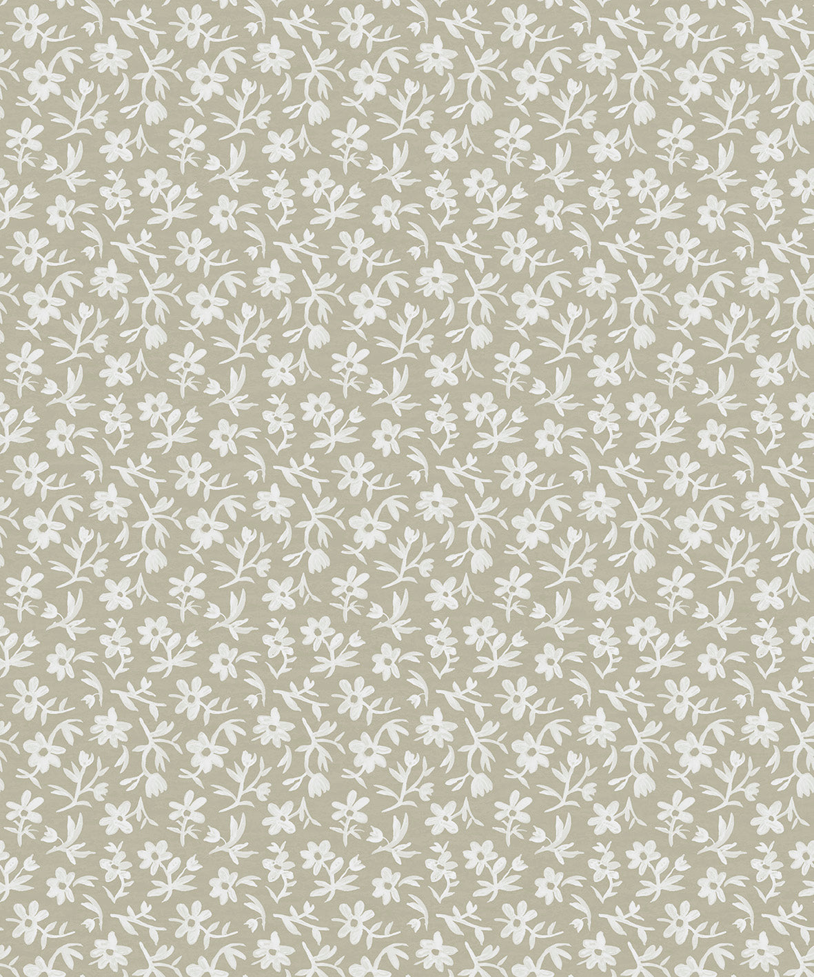Pattern of small white flowers on a taupe background