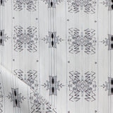 Detail of draped fabric yardage in a minimalist ikat pattern in shades of gray on a white field.