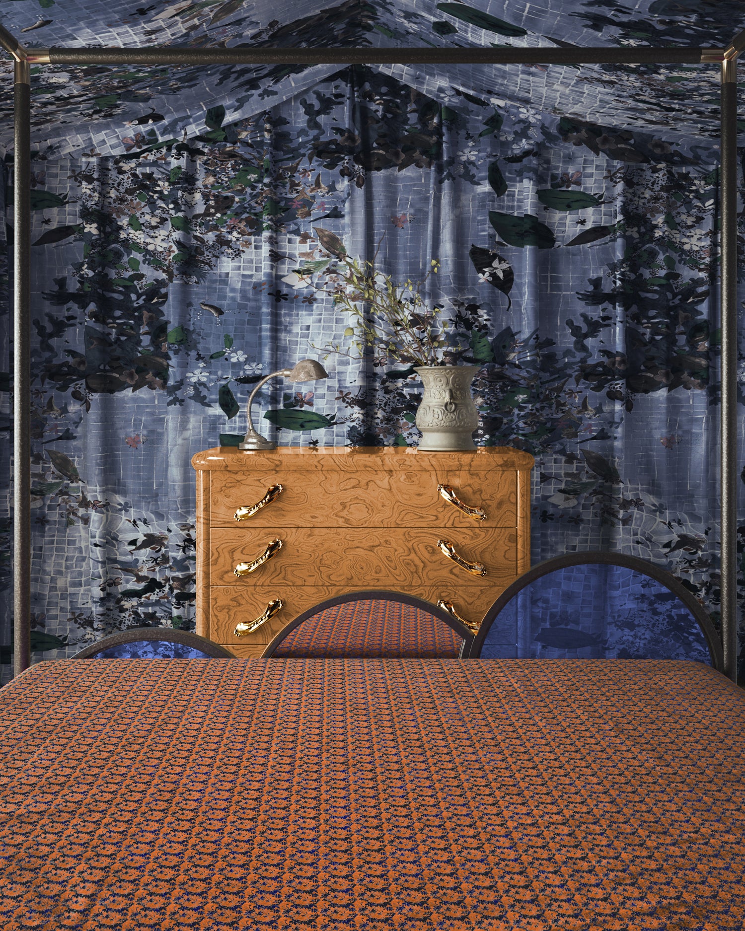 Wooden dresser with decorative items against a patterned wall.