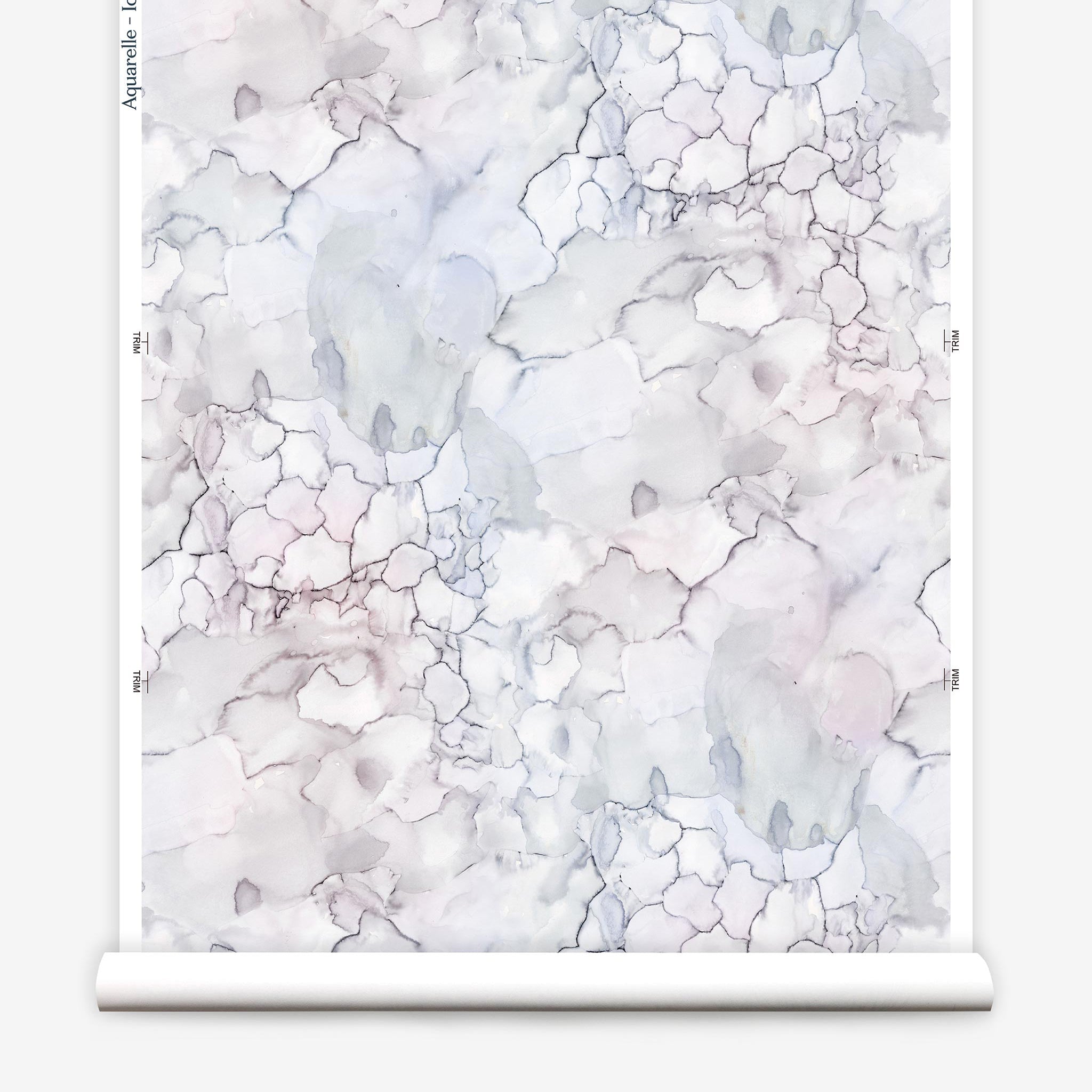 Partially unrolled wallpaper yardage in a watercolor textural print in shades of white, purple and gray.