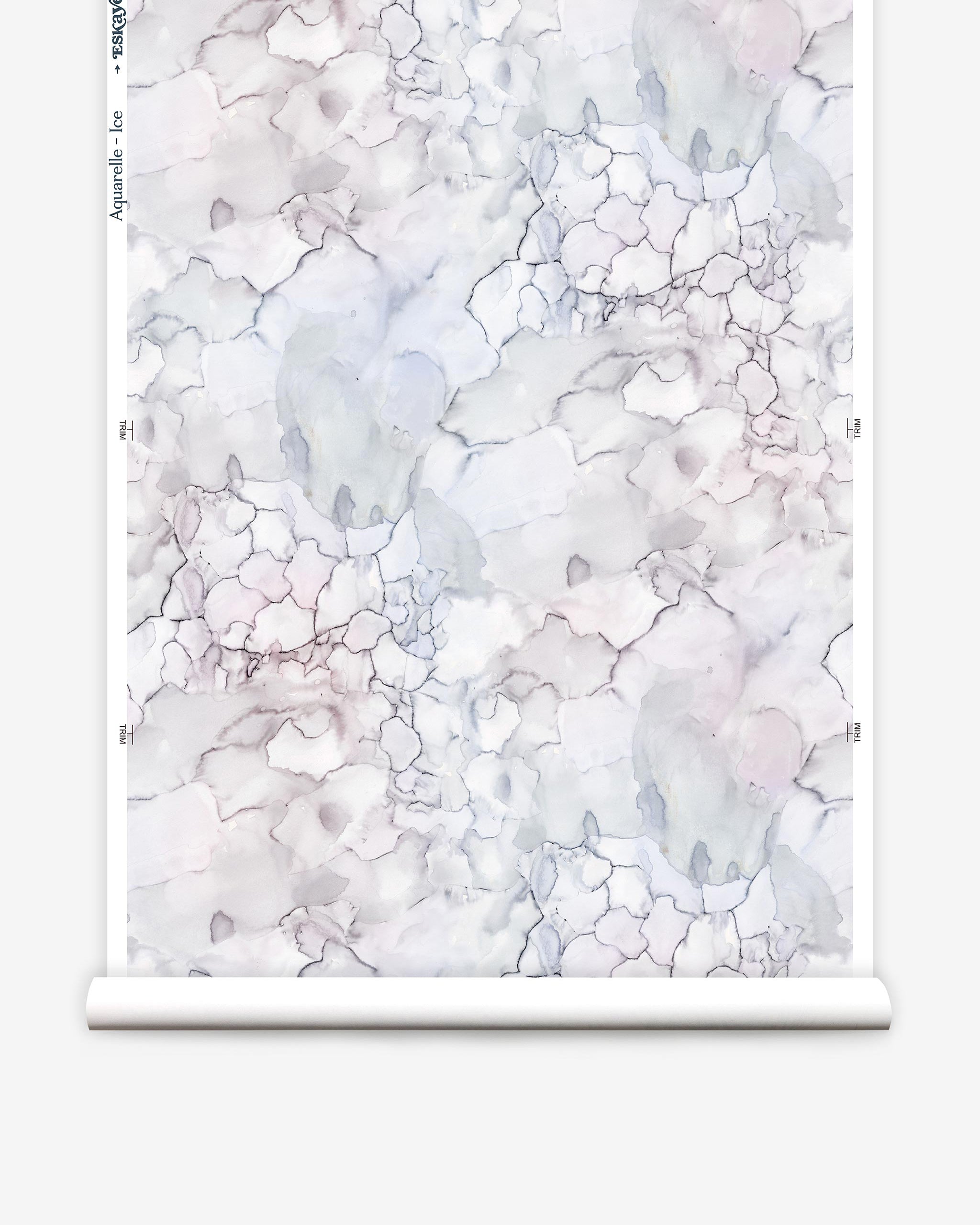 Partially unrolled wallpaper yardage in a watercolor textural print in shades of white, purple and gray.