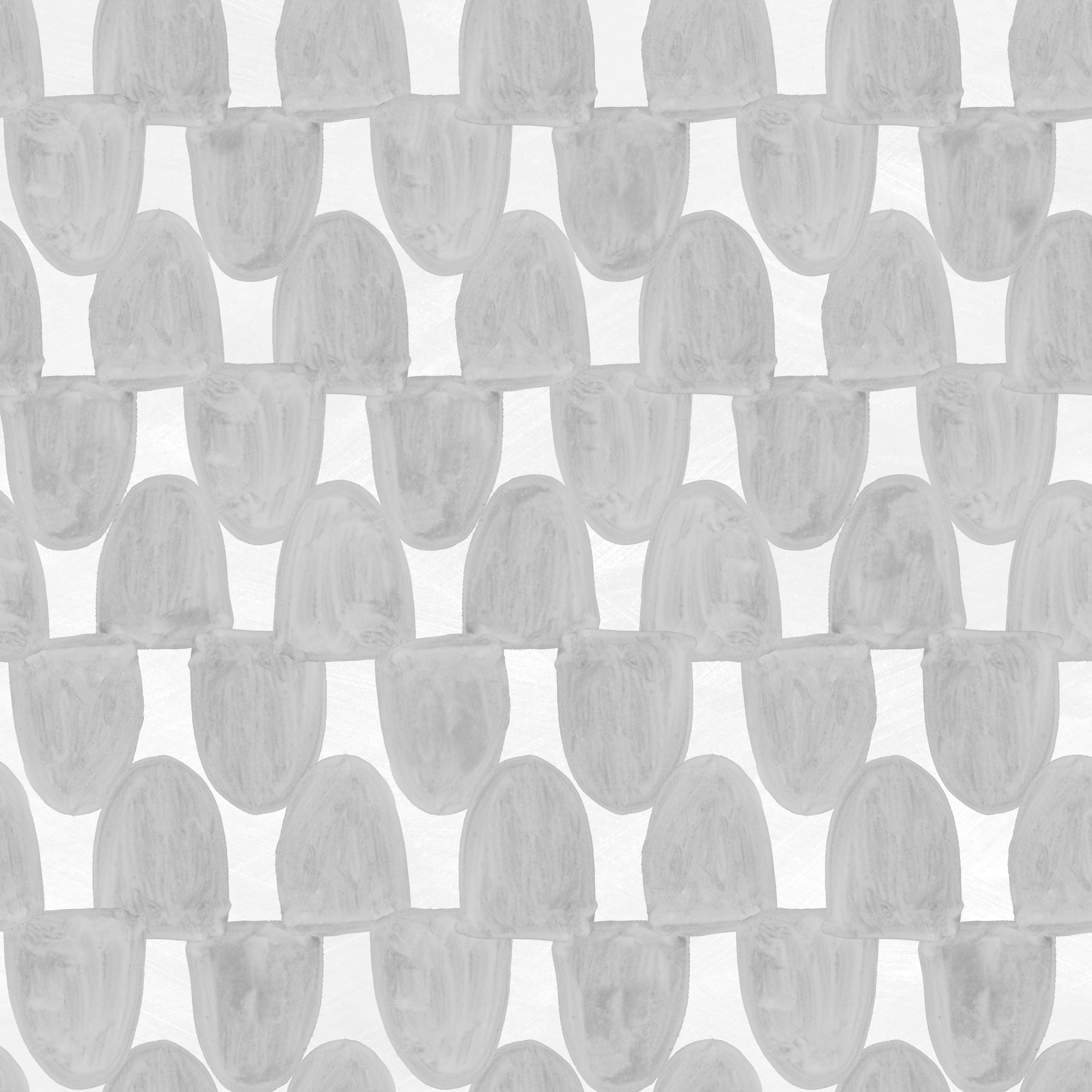 Detail of fabric in an abstract scalloped print in gray on a white field.