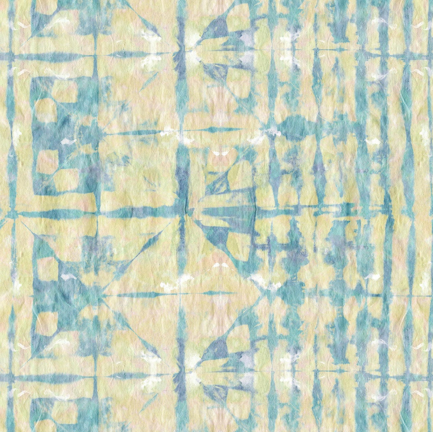 Detail of wallpaper in a watercolor dyed grid print in mottled yellow, blue and white.