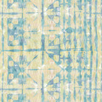 Detail of wallpaper in a watercolor dyed grid print in mottled yellow, blue and white.