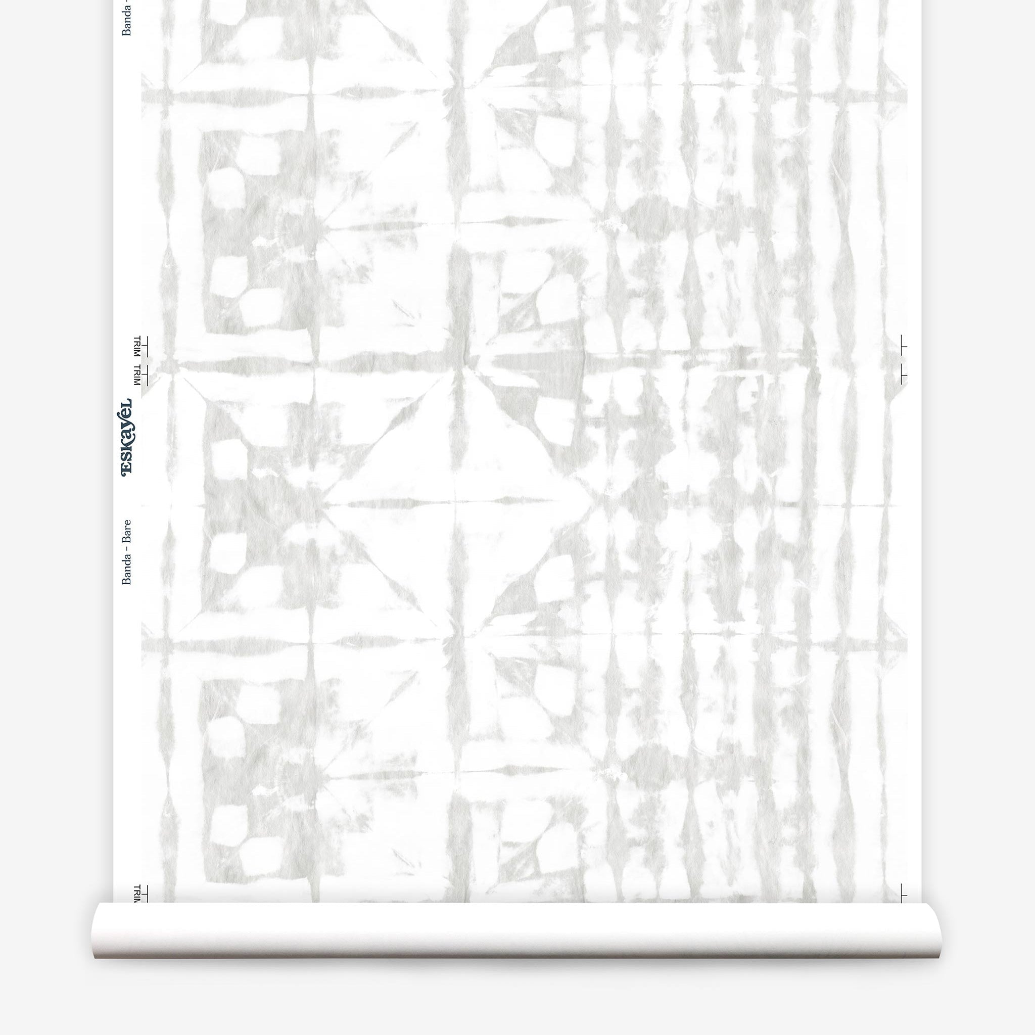 Partially unrolled wallpaper yardage in a watercolor dyed grid print in mottled white and gray.