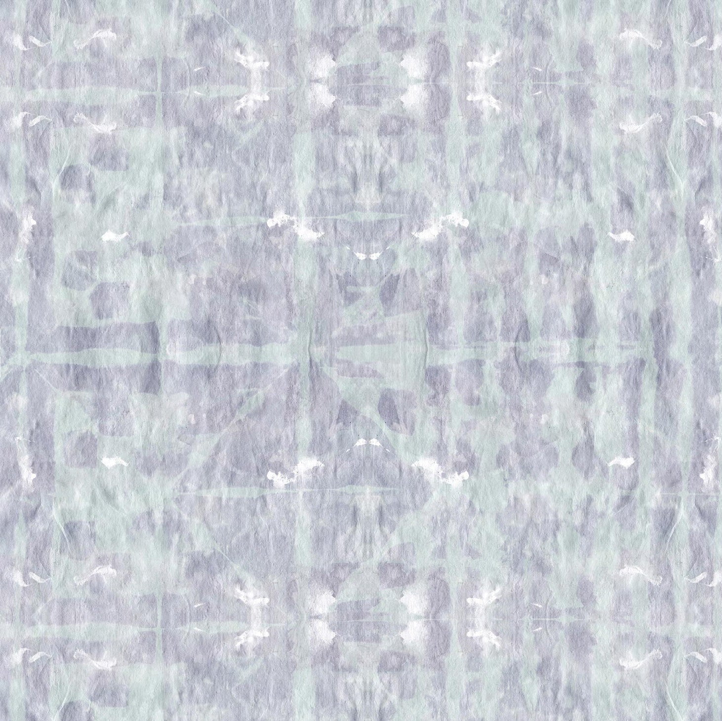 Detail of wallpaper in a watercolor dyed grid print in mottled purple and turquoise.