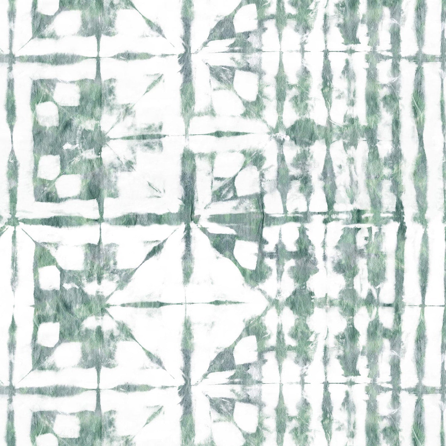 Detail of wallpaper in a watercolor dyed grid print in mottled white and green.