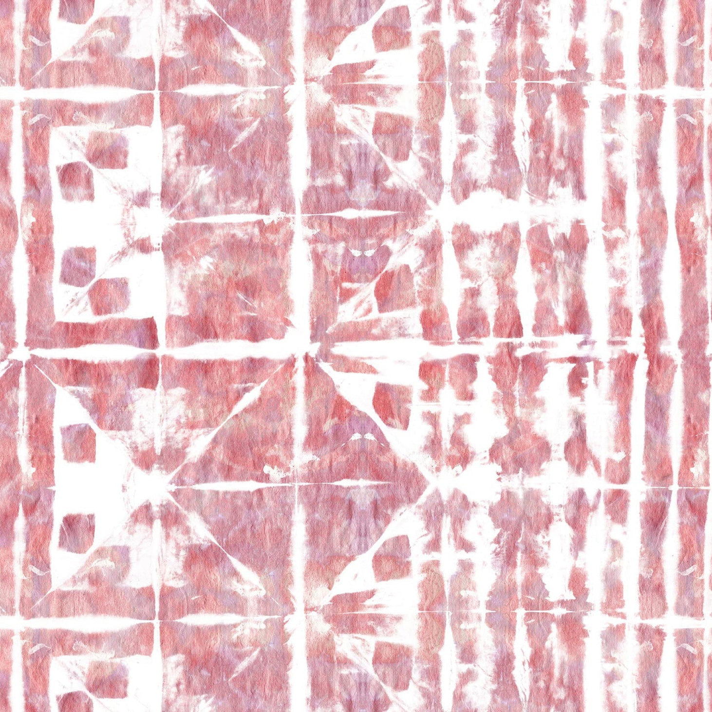 Detail of wallpaper in a watercolor dyed grid print in mottled white, pink and red.