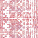 Detail of wallpaper in a watercolor dyed grid print in mottled white, pink and red.