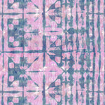 Detail of wallpaper in a watercolor dyed grid print in mottled pink and navy.