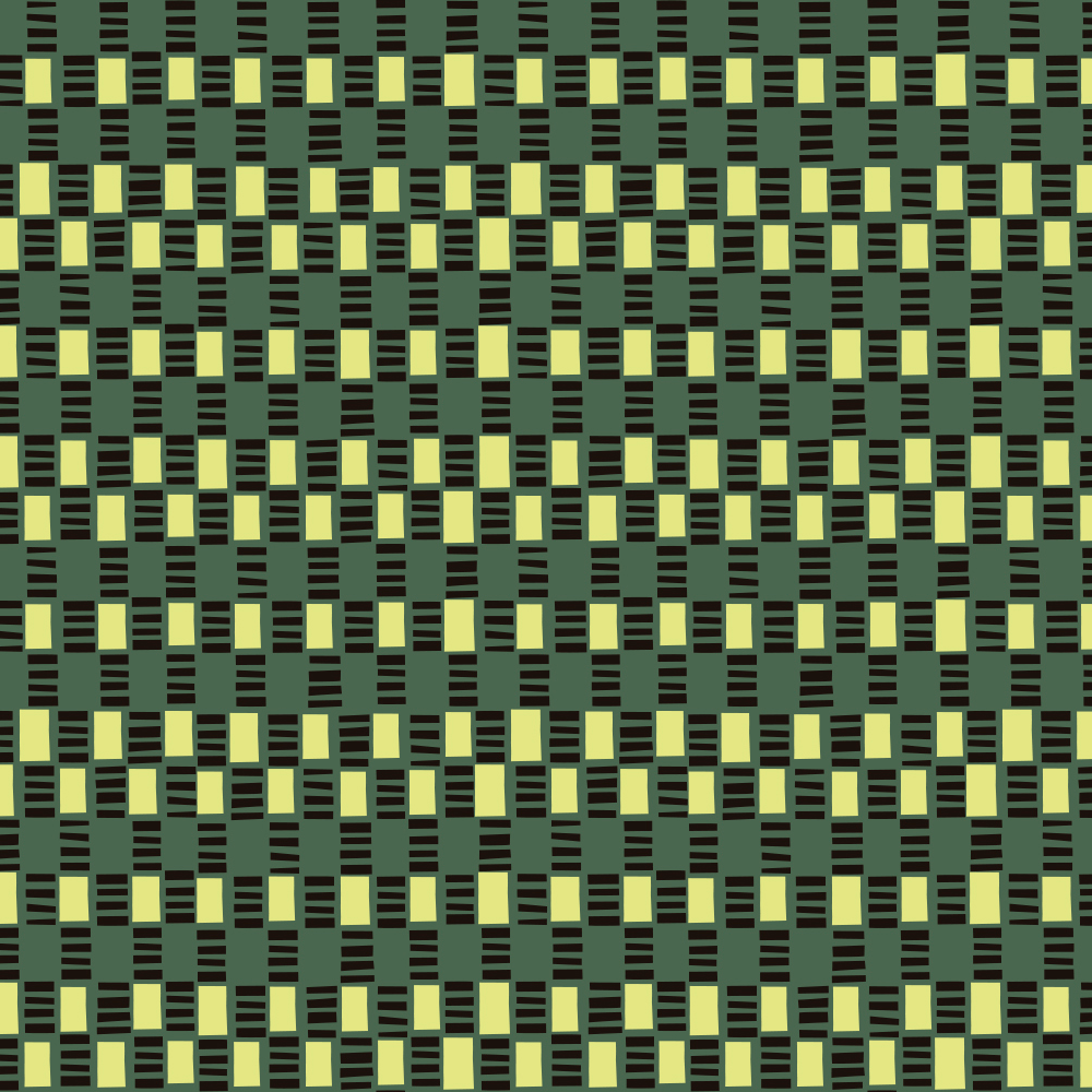 Detail of fabric in a geometric check print in shades of green, yellow and black.