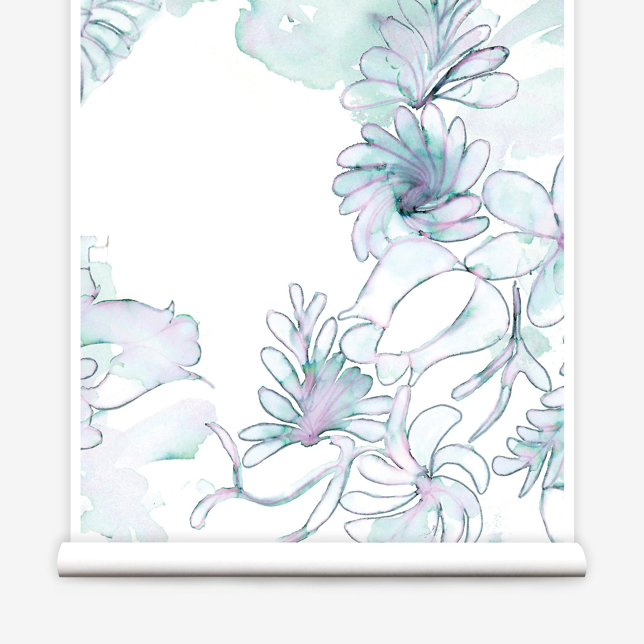 Partially unrolled wallpaper yardage in a painterly floral print in shades of green and purple on a white field.