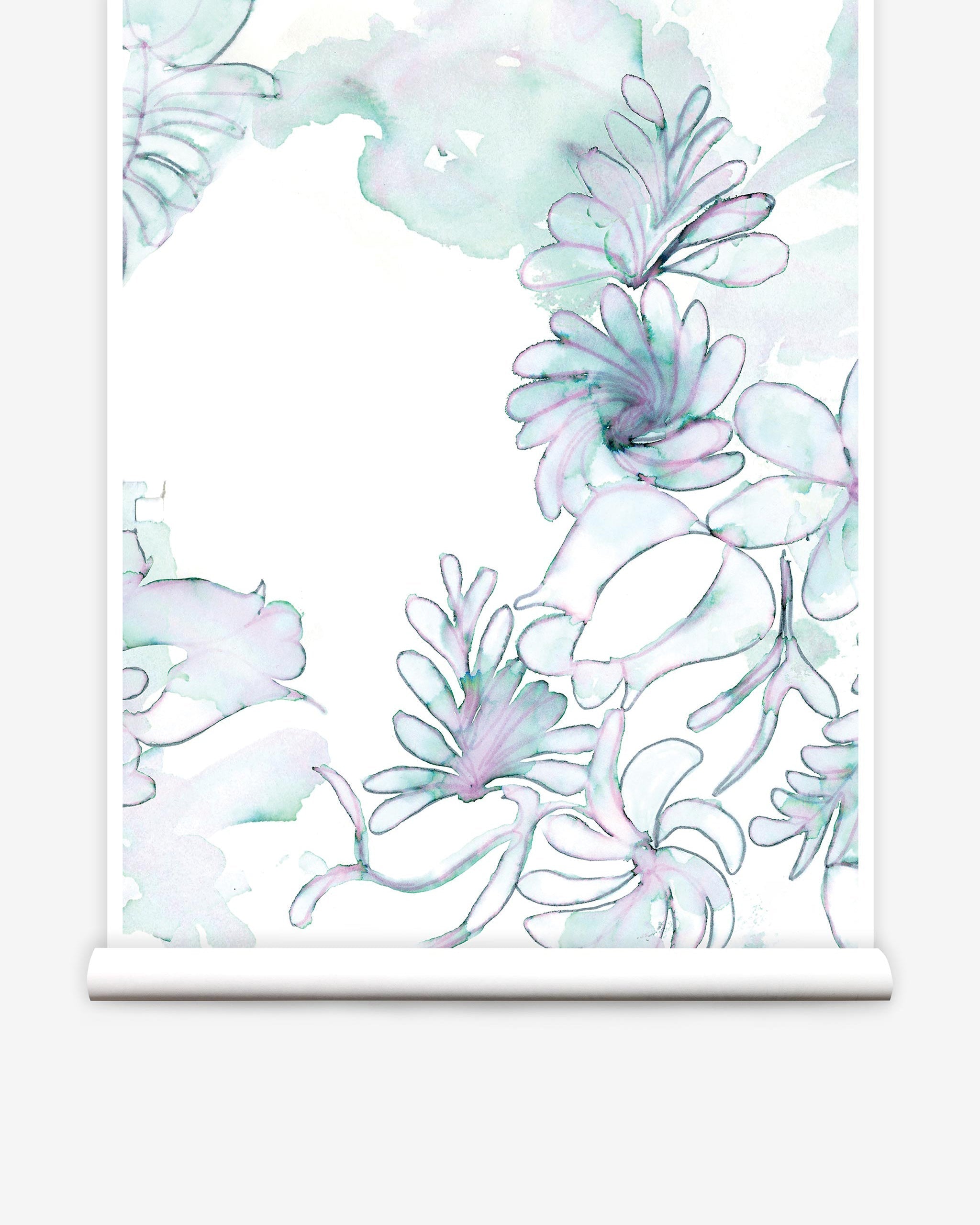 Partially unrolled wallpaper yardage in a painterly floral print in shades of green and purple on a white field.