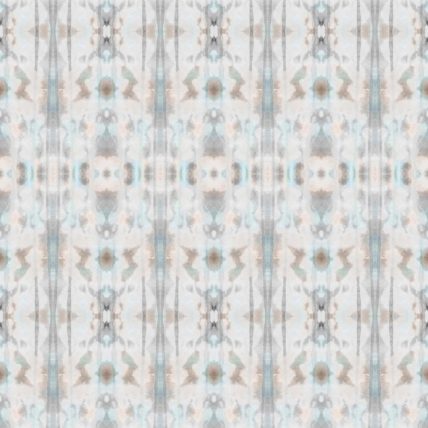 Detail of wallpaper in a painterly ikat print in turquoise, gray and tan.