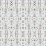 Detail of wallpaper in a painterly ikat print in turquoise, gray and tan.