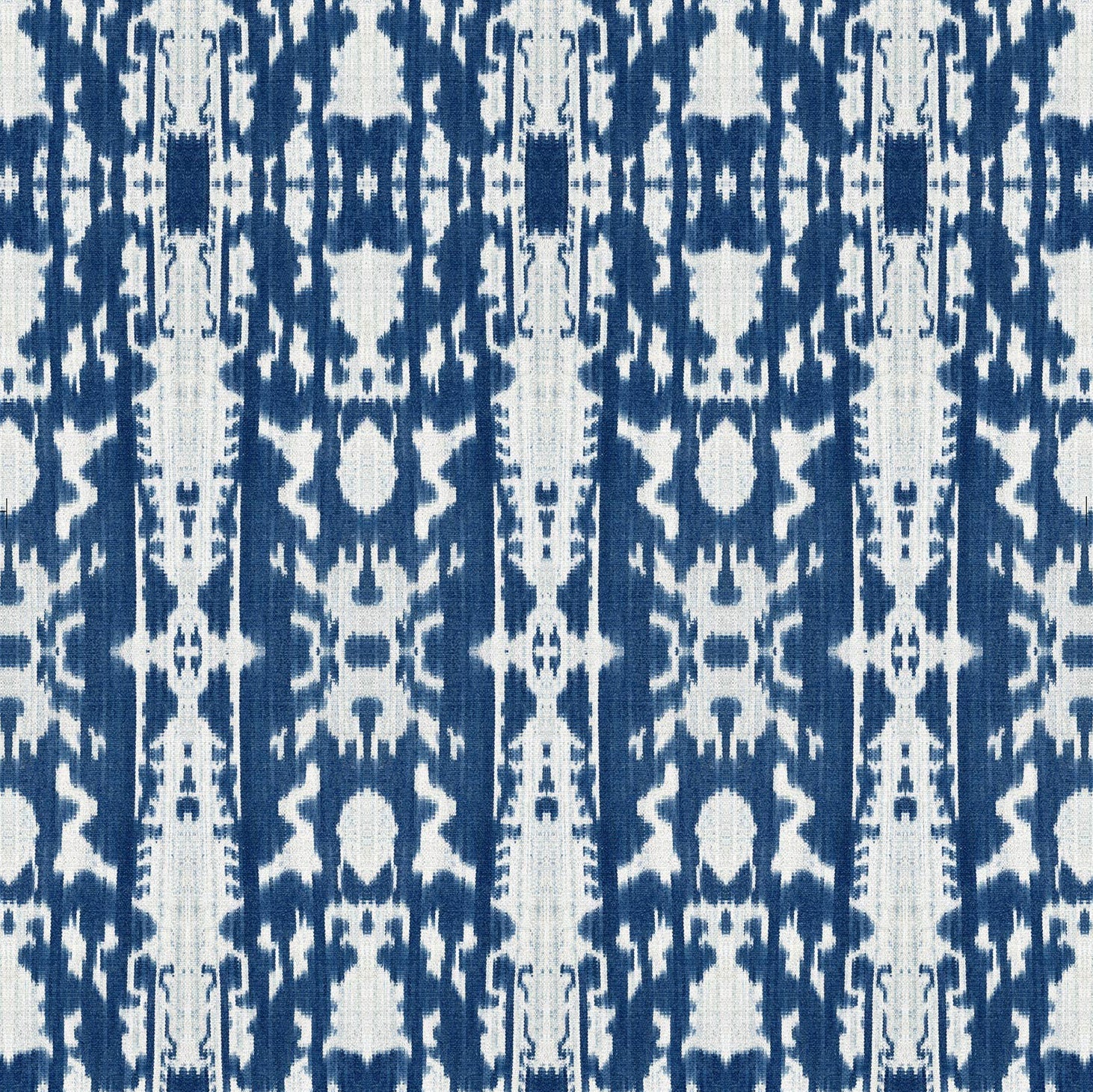 Detail of wallpaper in a painterly ikat print in blue and white.