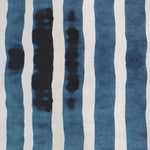 Grasscloth Wallpaper close up with bold watercolor stripes in inky blue and white. 