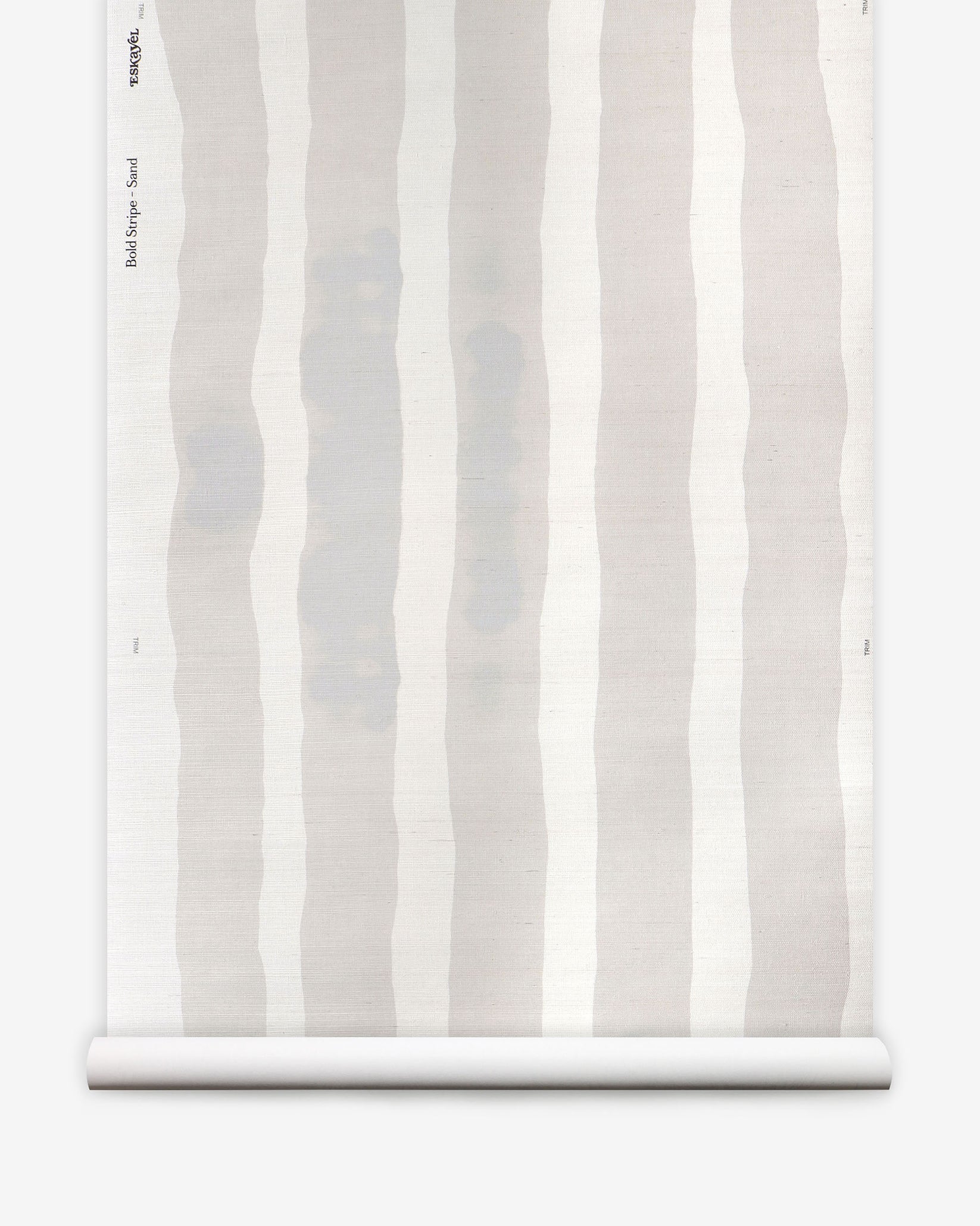 Grasscloth wallpaper roll with bold watercolor stripes in beige and white on a white background.