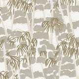 Detail of wallpaper in a painterly palm tree print in shades of gray and gold on a white field.