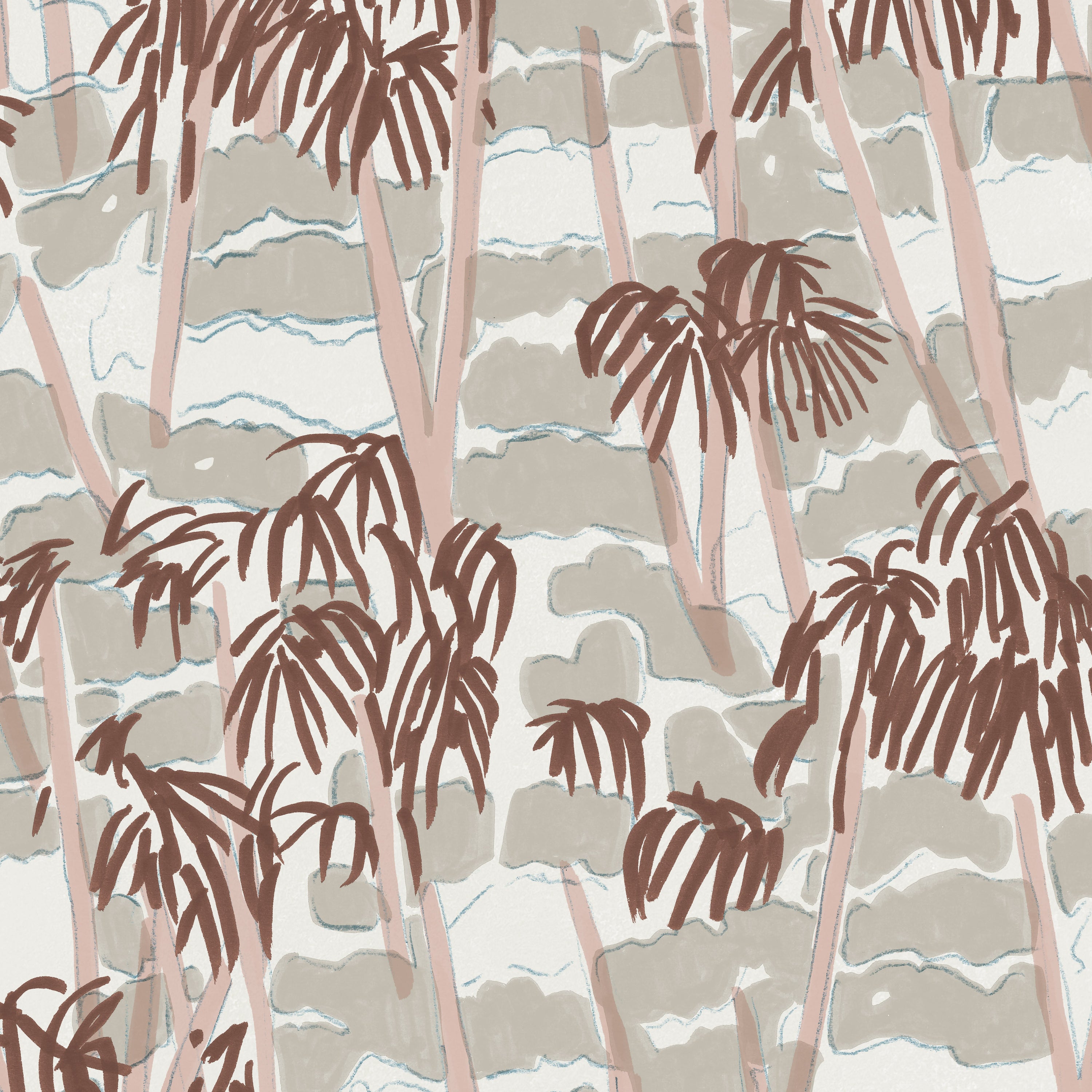 Detail of fabric in a painterly palm tree print in shades of pink, brown and blue on a white field.
