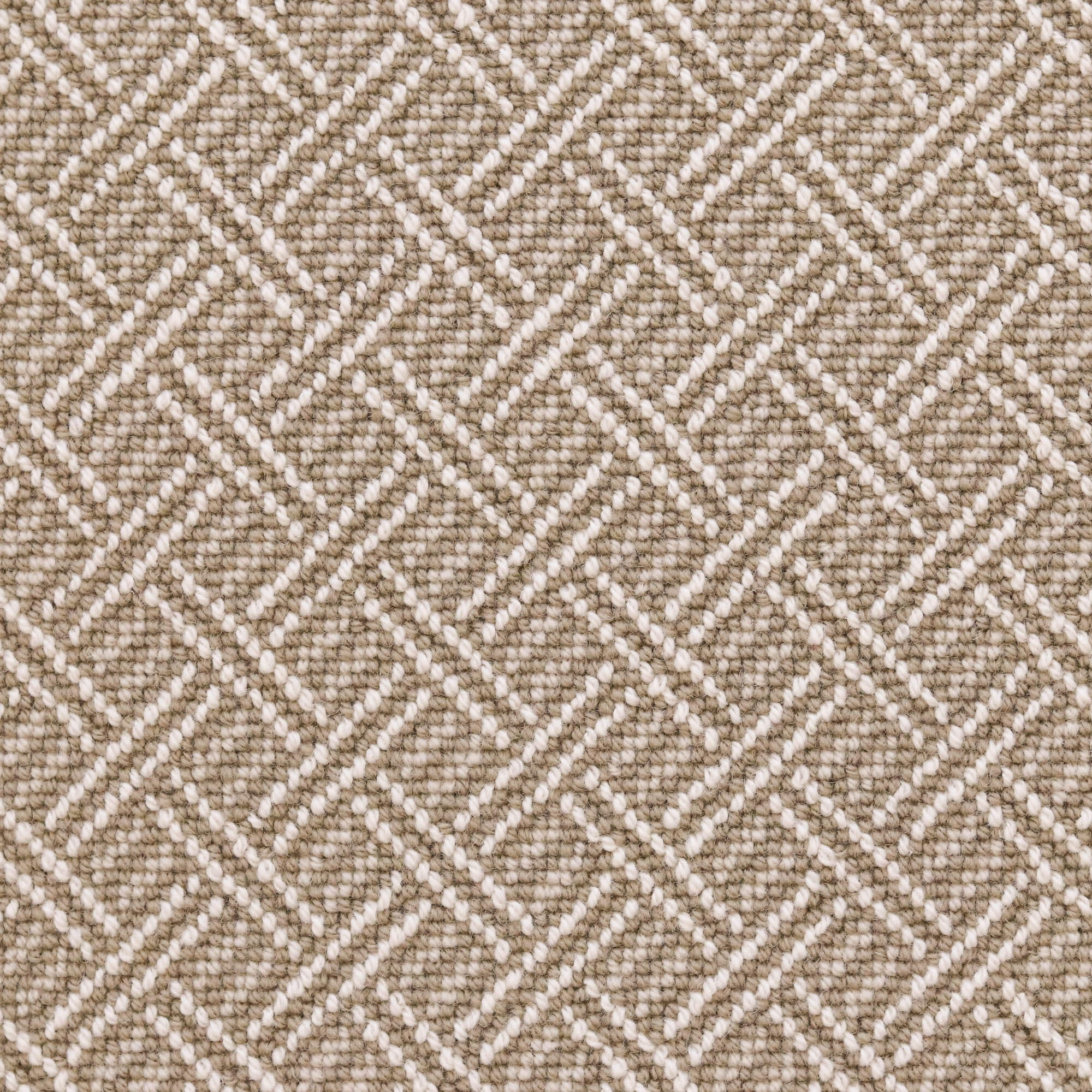 Broadloom carpet with ivory double line lattice on a light brown field. 