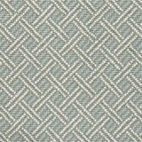 Broadloom carpet with ivory double line lattice on a seafoam blue field. 