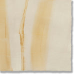 Detail of a handmade wallpaper swatch with an irregular combed stripe pattern in ochre on a tan field.