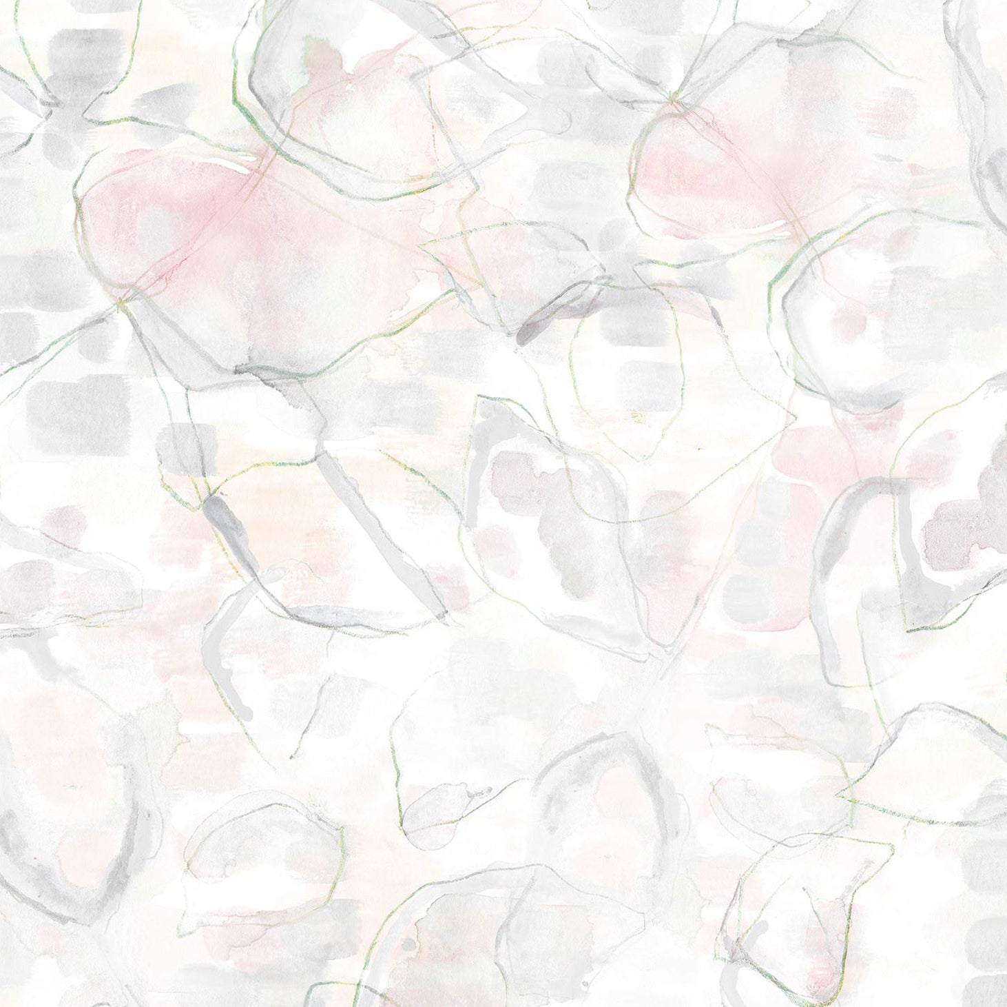 Detail of wallpaper in a watercolor painterly print in shades of pastel, green and cream.