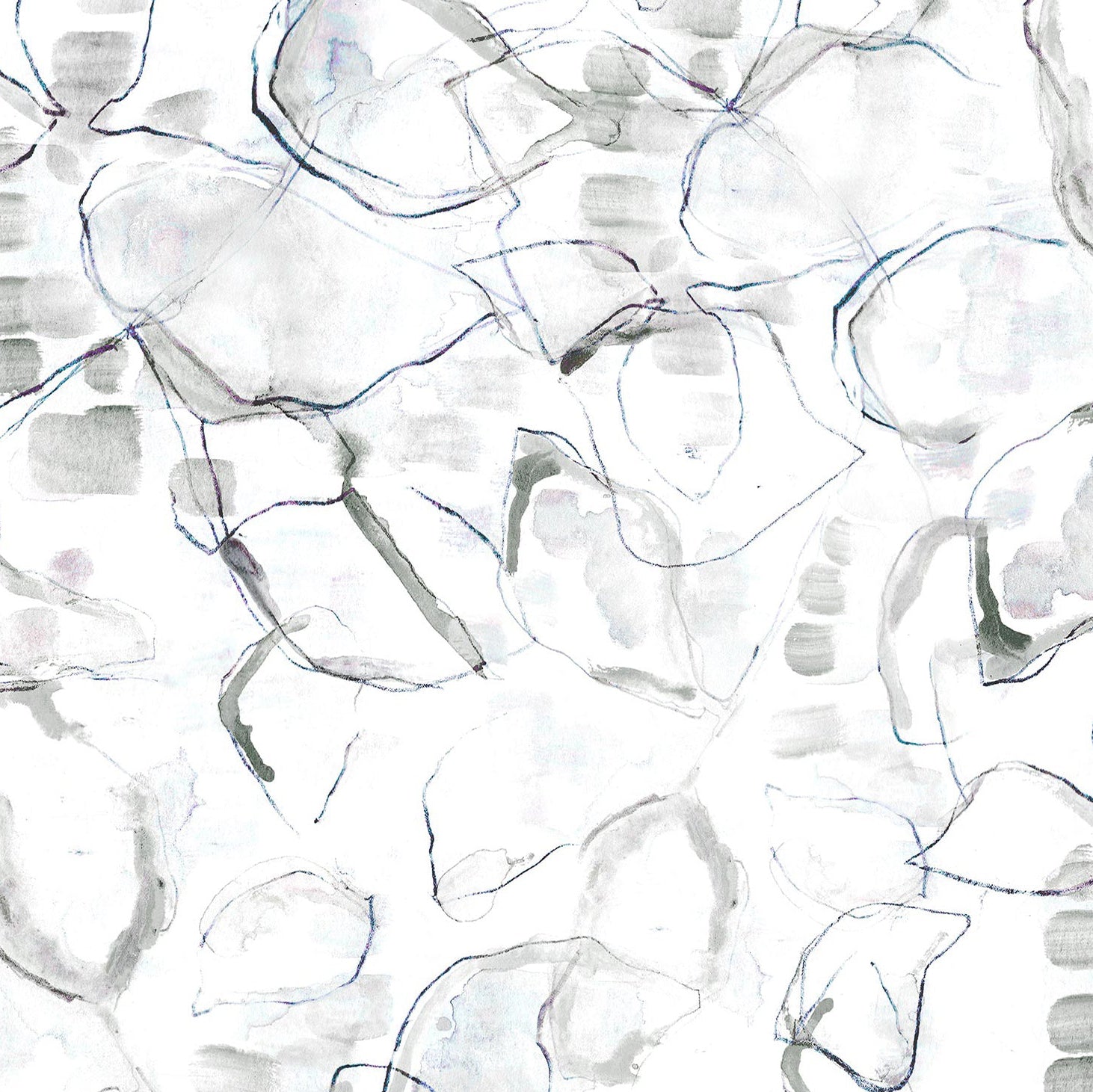 Detail of wallpaper in a watercolor painterly print in shades of gray, purple and cream.