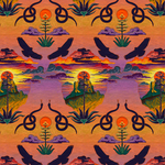 Scaled-out view of wallpaper in a repeating hawk, snake, canyon and sun print in many colors on an ombré purple to gold field.
