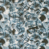 Detail of fabric in an absract paint swatch print in black and navy on a white field.