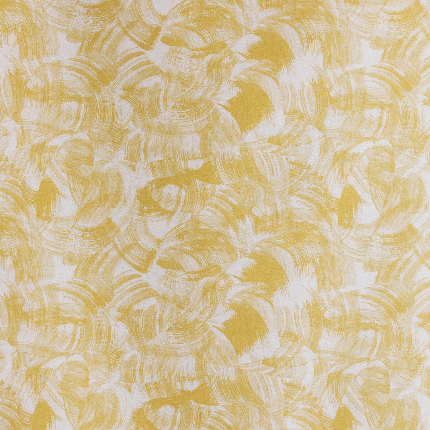 Detail of fabric in an absract paint swatch print in yellow on a white field.
