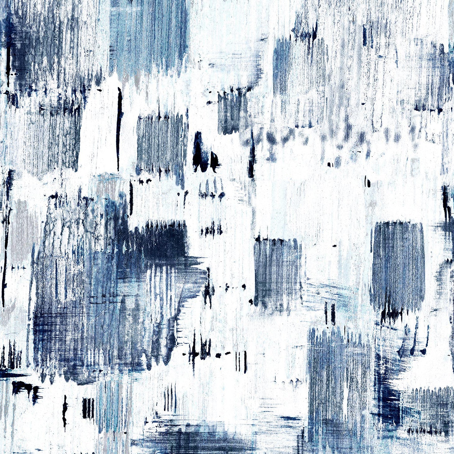 Detail of wallpaper in a watercolor textural print in shades of navy and blue on a white field.