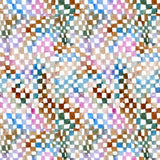 Detail of wallpaper in a painterly chess board print in a rainbow of shades on a white field.