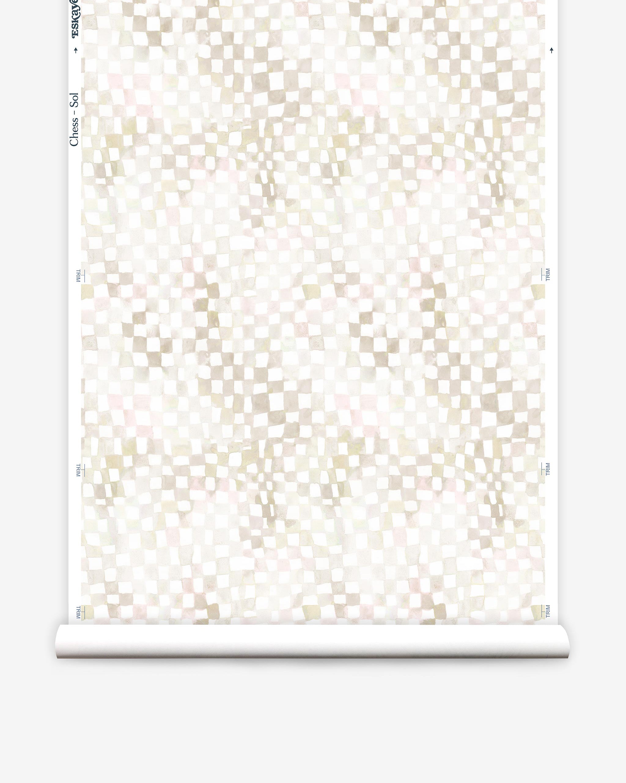 Partially unrolled wallpaper yardage in a painterly chess board print in shades of cream on a white field.