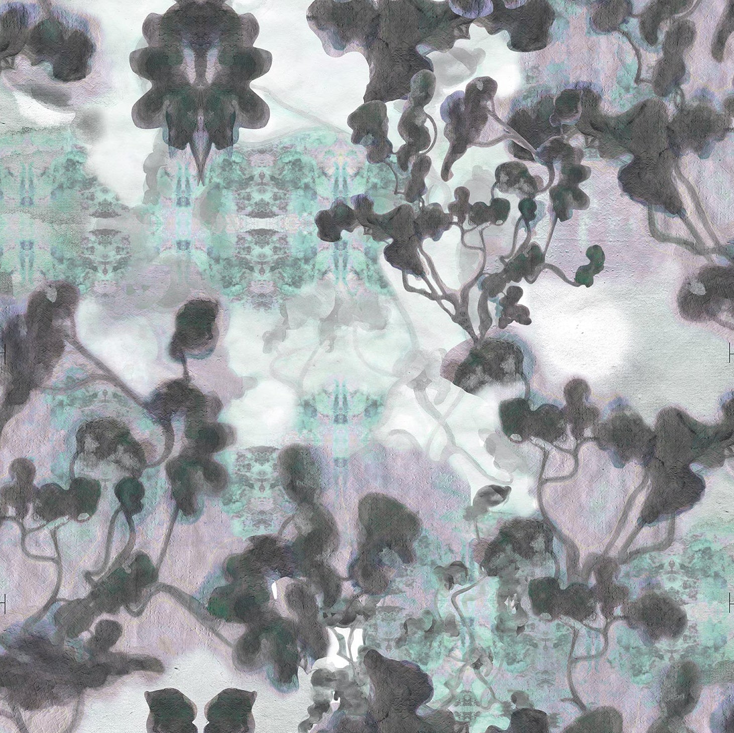 Detail of wallpaper in a watercolor tree print in gray, turquoise, purple and white.