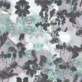 Detail of wallpaper in a watercolor tree print in gray, turquoise, purple and white.
