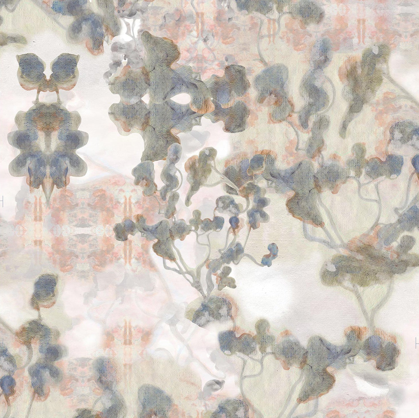 Detail of wallpaper in a watercolor tree print in gray, peach, tan and white.