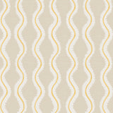 Detail of fabric in a playful curvy stripe print in white and yellow on a beige field.