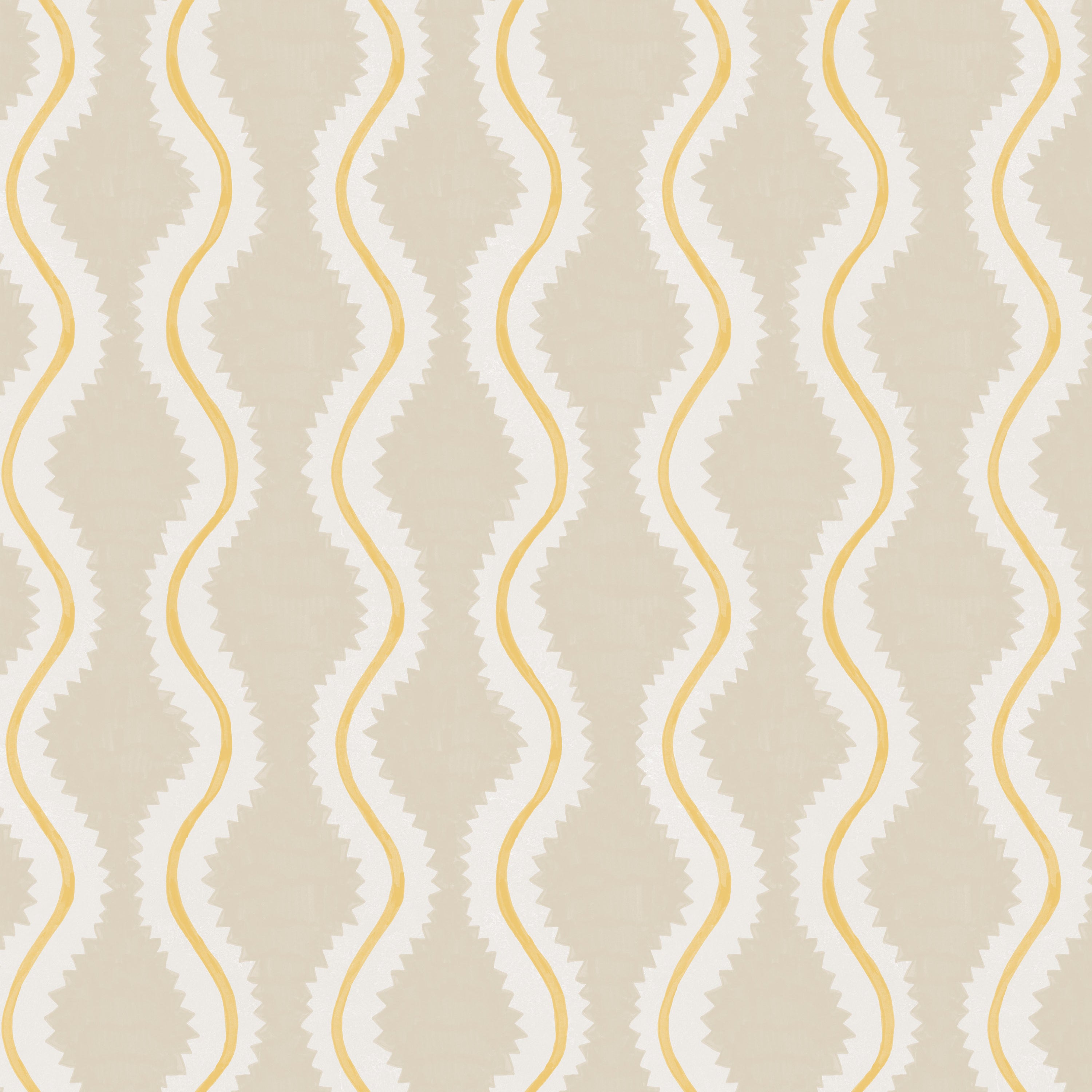 Detail of fabric in a playful curvy stripe print in white and yellow on a beige field.
