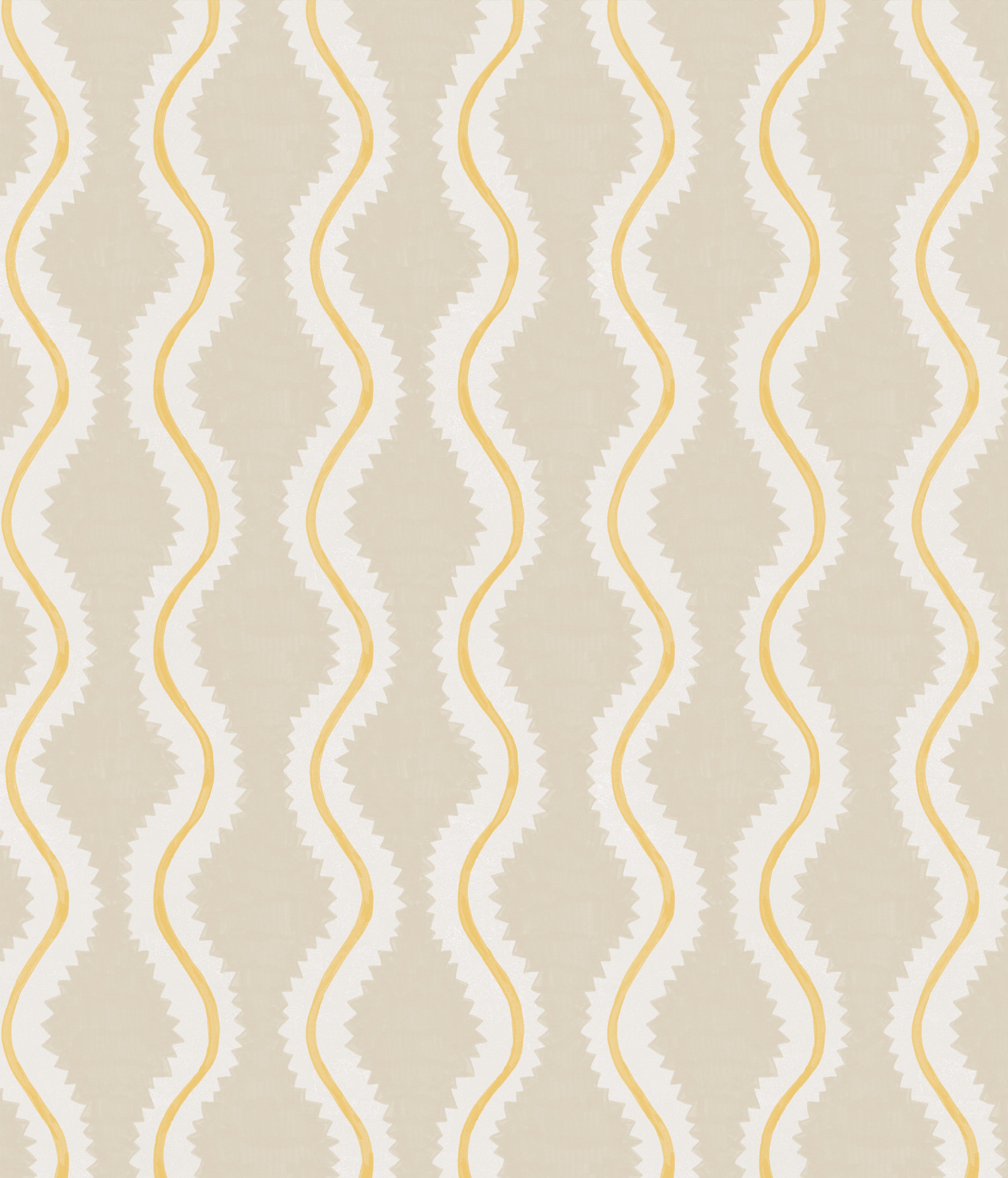 Detail of fabric in a playful curvy stripe print in white and yellow on a beige field.